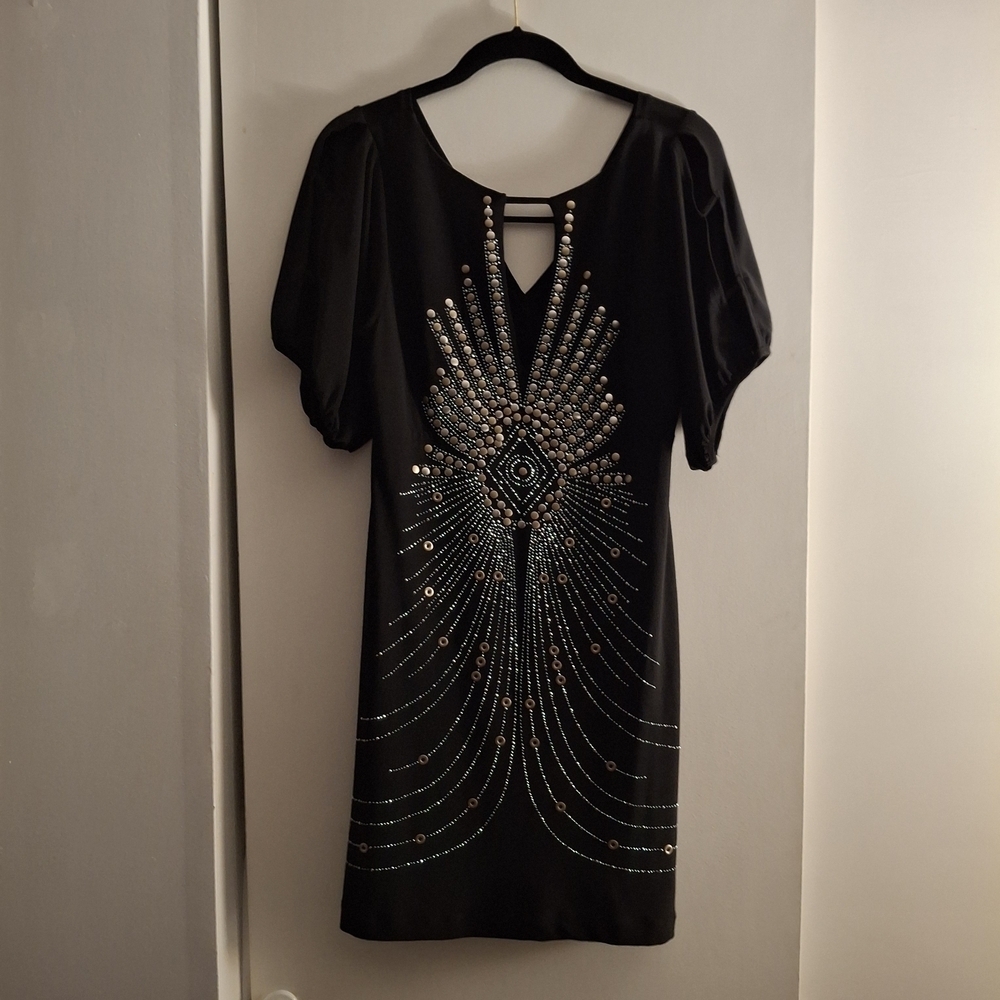 Bisou Bisou Women's Metallic Embellished Puff Sleeve Mini Dress